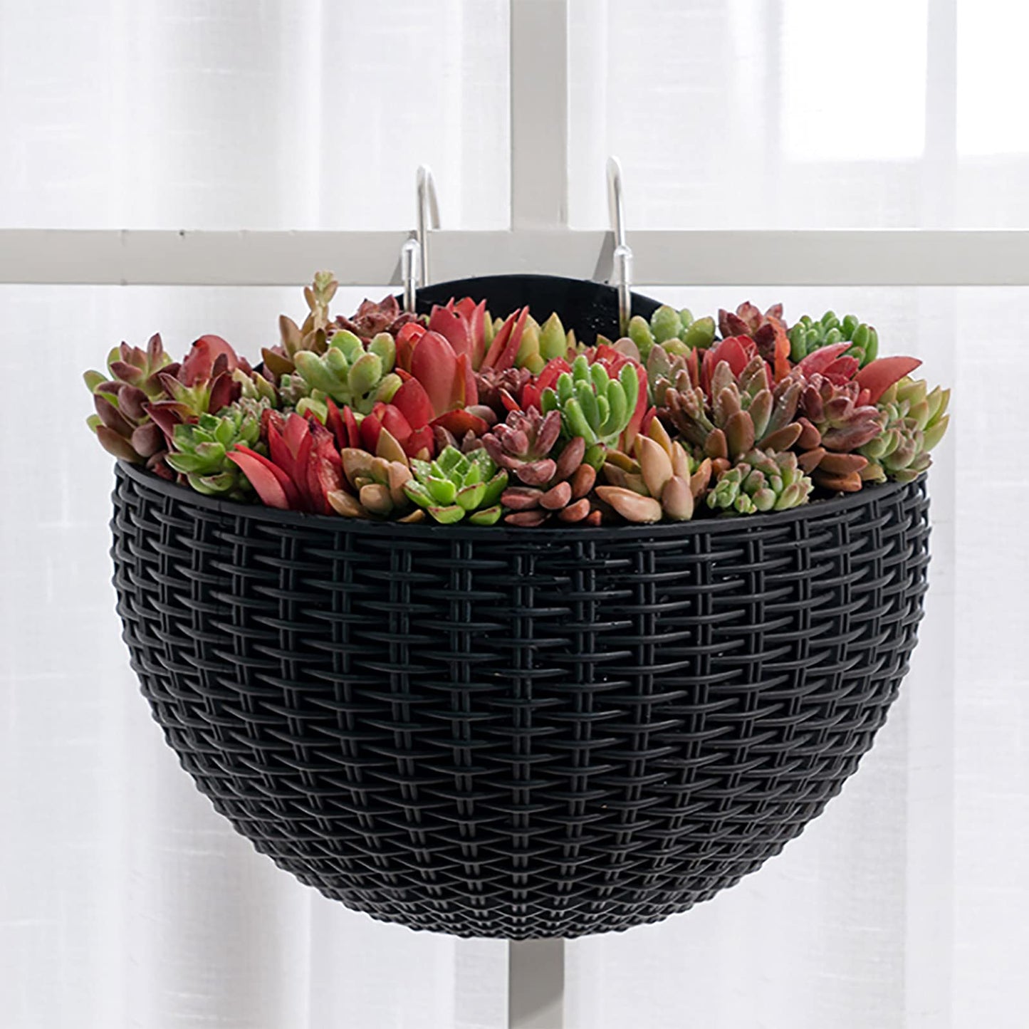 Hanging Planter Pot, Wall and Railing Hanging Planters with S Hooks, Half Round Imitation Rattan European Style Wall Flowerpot Rustic Decorative Flower Basket for Home Balcony Garden(#21*16.5cm Green)