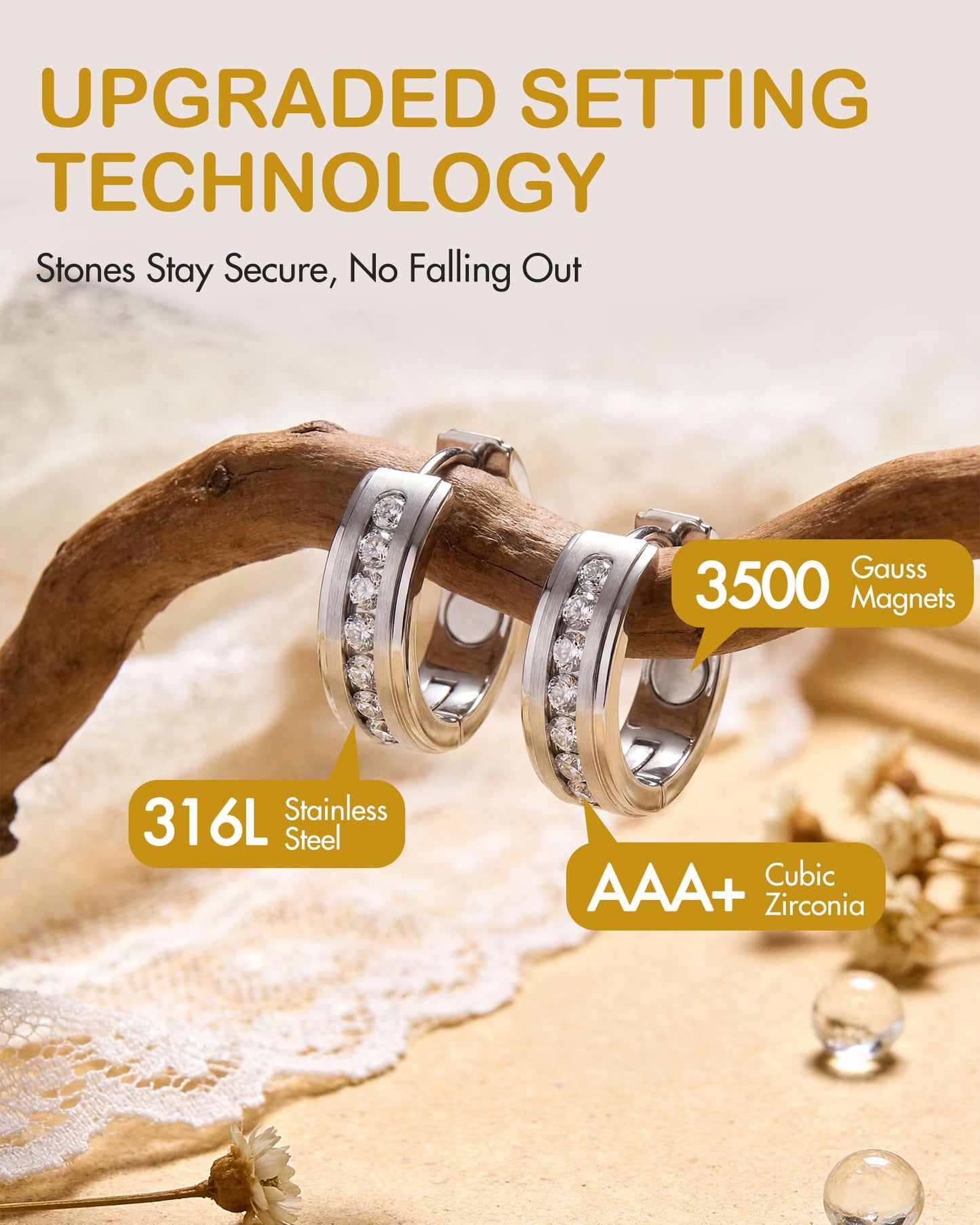 Feraco Magnetic Hoop Earrings for Women with 3500 Gauss Neodymium Magnet & Sparkling AAA+ Cubic Zirconia, Stainless Steel Magnetic Therapy Jewelry, Upgraded Setting Technology