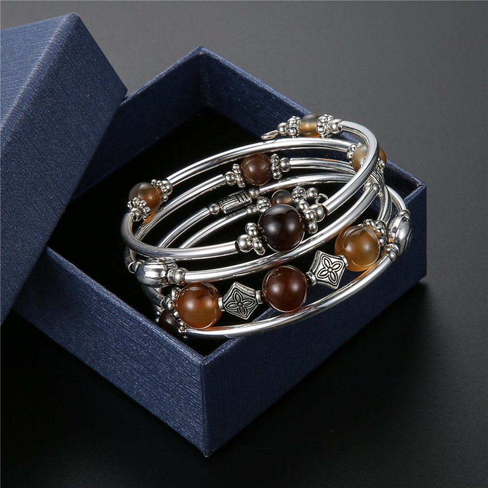 Beaded Pearl Bangle Wrap Bracelet - Fashion Bohemian Jewelry Multilayer Charm Bracelet with Thick Silver Metal Beads, Gift For Women(Brown)