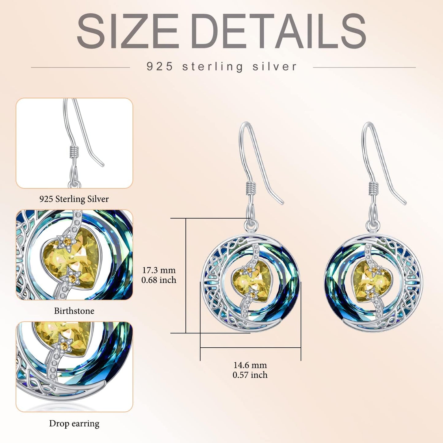 TOUPOP Citrine Earrings November Birthstone Earrings Sterling Silver Moon and Star Drop Dangle Earring Jewelry Blue Crystal Birthday Mothers Day Gifts for Women Mom Her