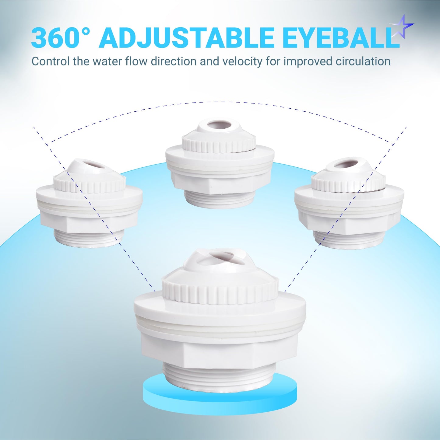 BlueStars Upgraded Pool Jet Nozzles SP1419D Directional Flow Hydrostream Return Jet Compatible with Adjustable 3/4" Opening Rotating Eyeball and 1-1/2 Inch MIP Thread - PACK OF 8
