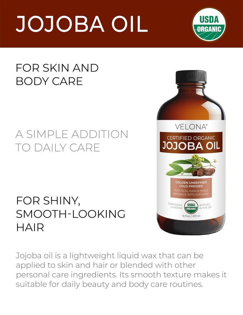velona Jojoba Oil USDA Certified Organic - 16 Fl Oz in Glass Bottle | 100% Pure and Natural | Golden, Unrefined, Cold Pressed, Hexane Free | Moisturizing Face, Hair, Body, Skin Care