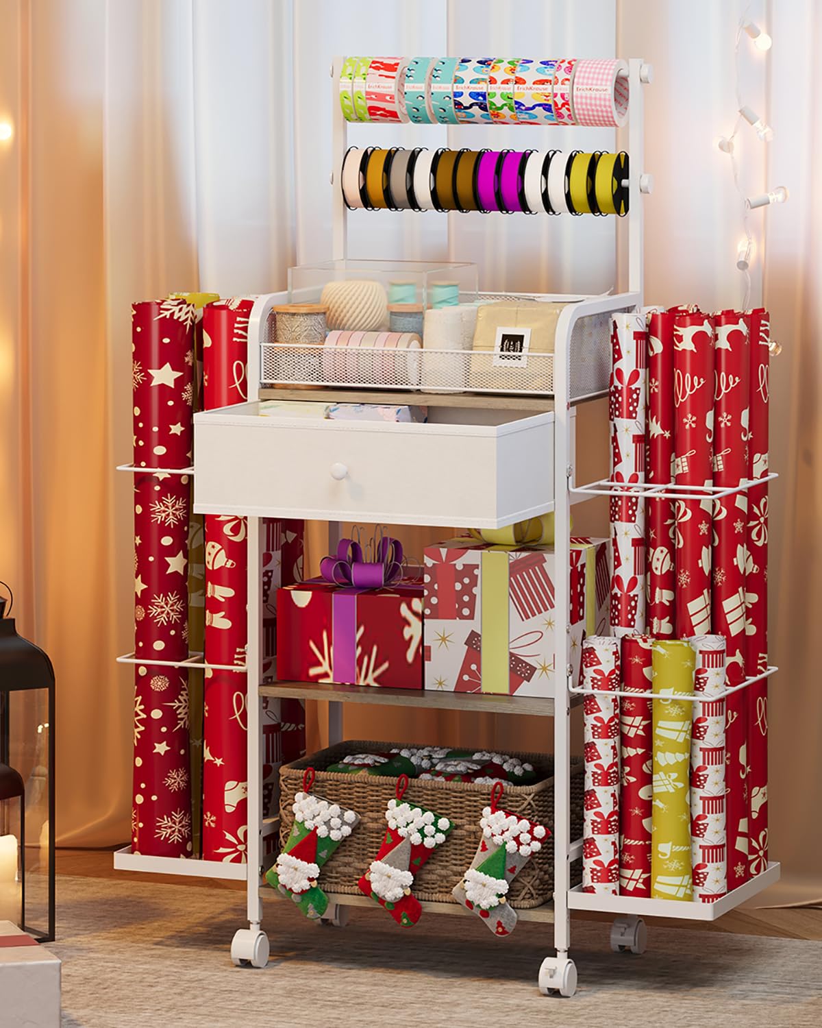 Rsaayekkt Wrapping Paper Storage Cart with Wheels, Rolling Gift Wrap Station with Fabric Drawer and Ribbon Holder, Metal Rolling Craft Cart, Craft Organizers and Storage Christmas