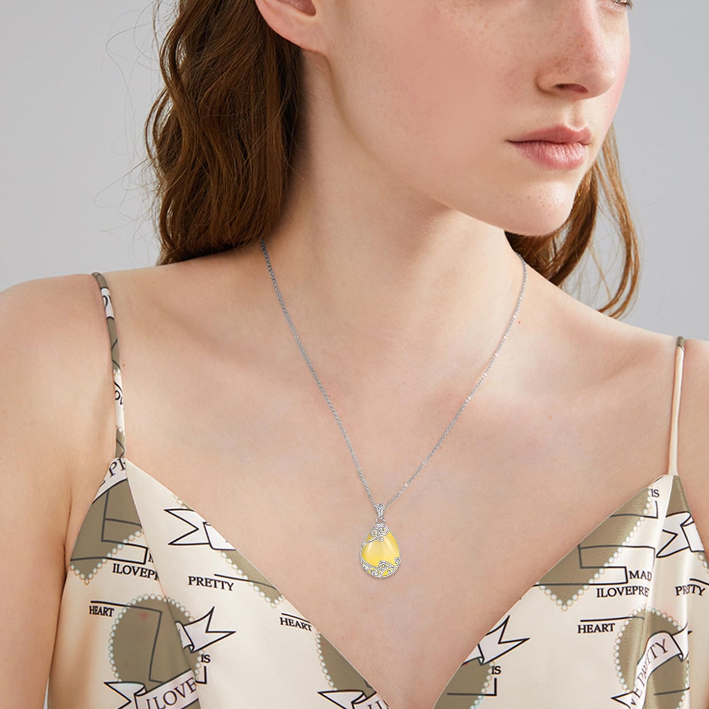 YAFEINI 925 Sterling Silver Yellow Agate Necklace Filigree Teardrop Pendant Necklace Jewelry for Women (DD-Yellow Agate Filigree Necklace)