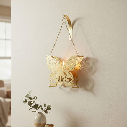 AIM & GGKK Butterfly Wall Candle Holder, Metal Wall Candle Sconces, Vintage Filigree with Chain, Home Decor for Living Room Bedroom Hallway