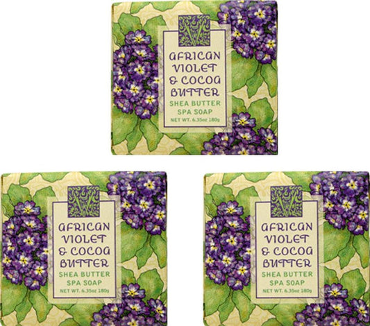 Greenwich Bay Cleansing Spa Soap, Shea Butter, and Cocoa Butter. Blended with Loofah and Apricot Seed, No Parabens, No Sulfates 6.35 Ounce (3 Pack) (African Violet and Cocoa Butter)