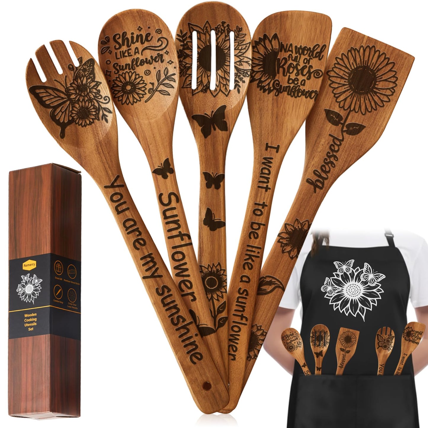 Remerry 6 Pcs Sunflower Gifts for Women Sunflower Kitchen Gift Set with Acacia Cooking Spoons Apron Kitchen Cooking Utensils Set for Mother's Day Housewarming Gift