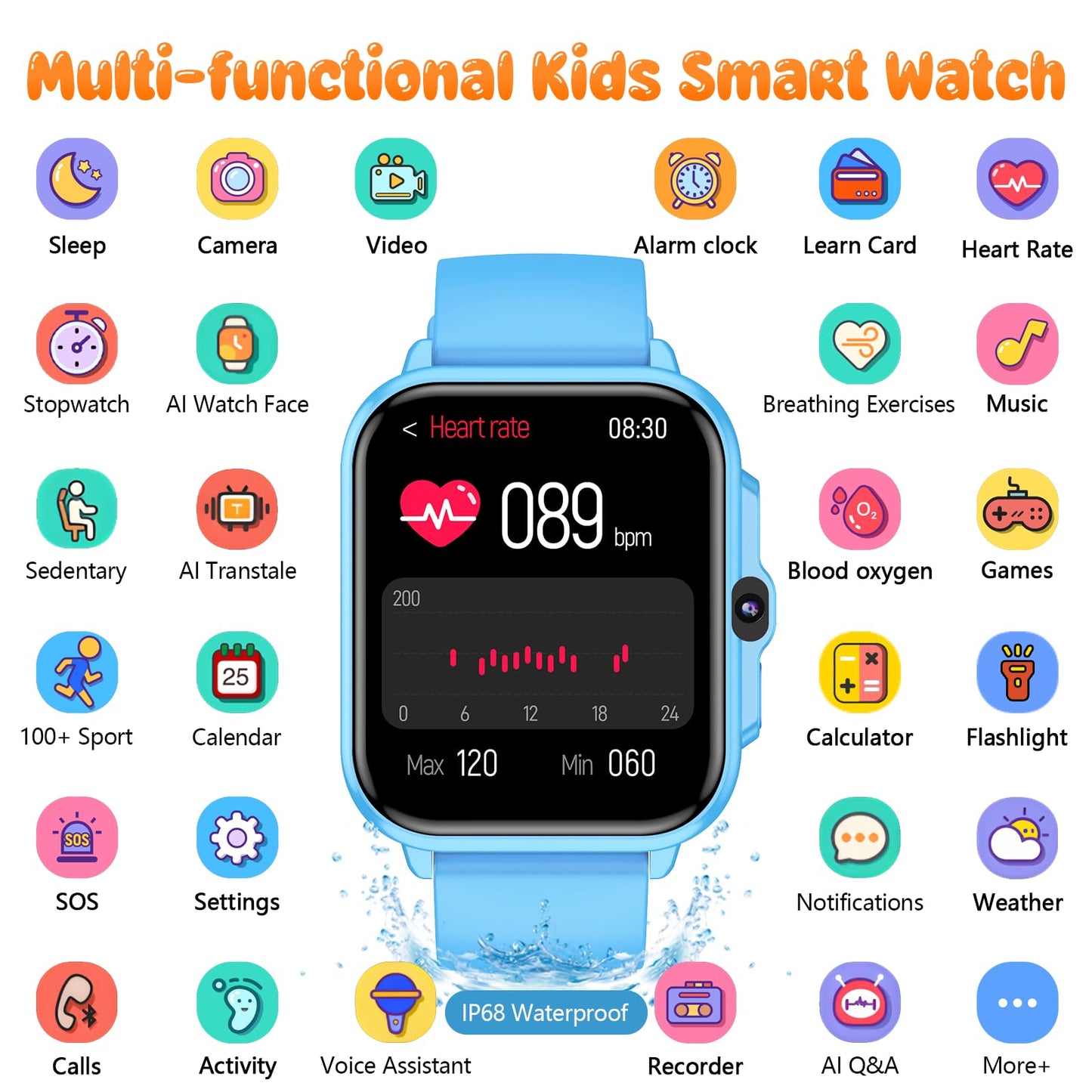 Kids Smart Watch Boys and Girls, Smartwatch with Alarm Clock, Camera, Games, Music, SOS, 24/7 Health Monitor, 100+ Sports Modes, IP68 Waterproof, Children Watches Birthday Gift for Kid Ages 4-12