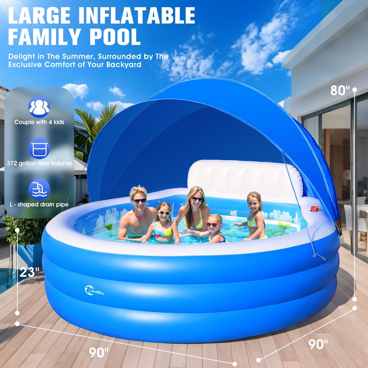 Lanblu 2026 Extra Large Upgraded Inflatable Pool with Canopy,Inflatable Family Lounge Pool,Round Blow Up Pool for Adult with Bench&Backrest,Swim Center Easy Backyard Pools for Kids & Adults90*90"*80"