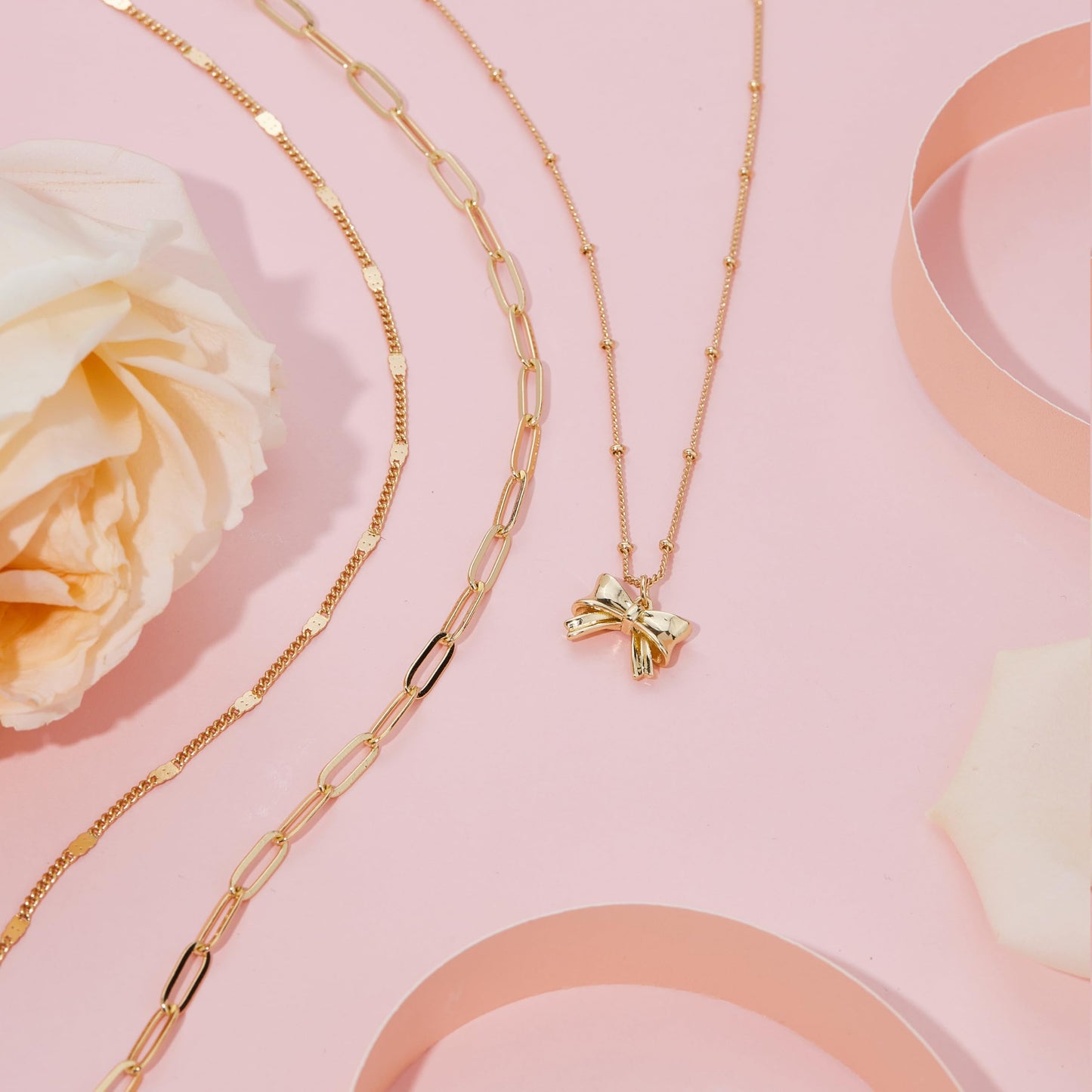 Layered Gold Bow Necklaces for Women,14k Gold Plated Dainty Stackable Choker Necklaces for Women,Trendy Layering Small Bow Pendant Paperclip Thin Chain Necklace Set Jewelry Gifts for Women