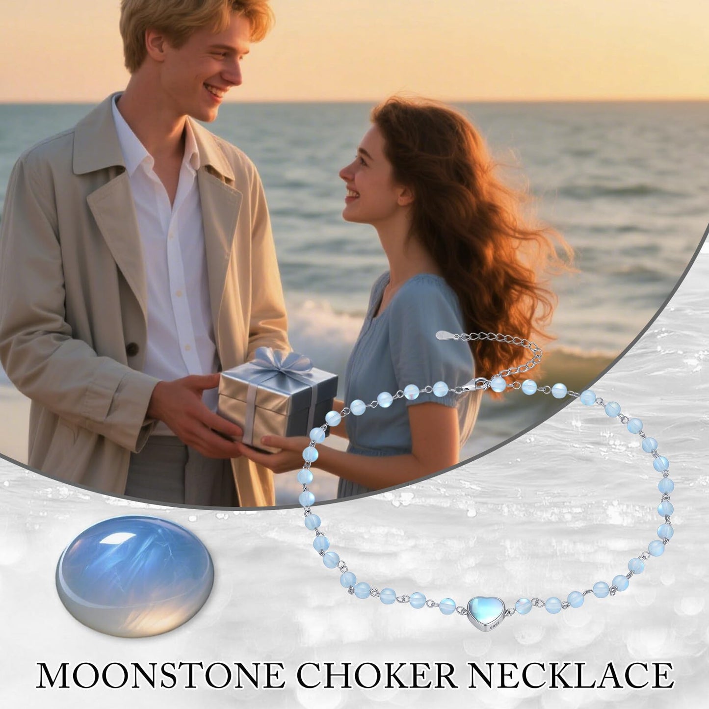 OUTANG Moonstone Beaded Necklace for Women 925 Sterling Silver Heart Choker Necklace Ladies Jewelry Gifts