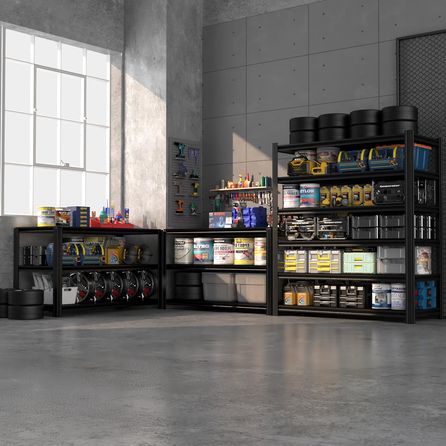 SYLOUGH Extra Large/Big 55.12"W Father&I Industrial 6-Heavy-Dudy-Shelf-Rack Utility Tall Garage/Warehouse Shelving Metal/Steel Storage Shelves Unit/System Adjustable for Bin/Shed, 84"*55.12*24", Black