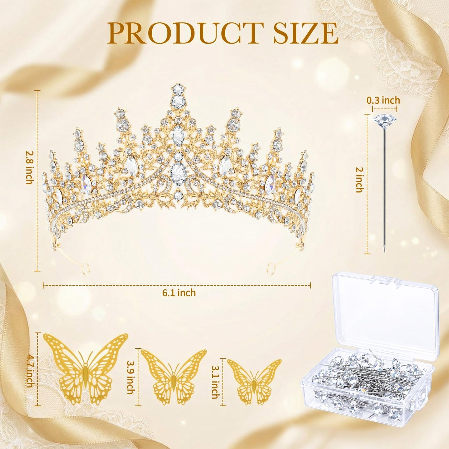 Tondiamo 63 Pcs Flower Bouquet Accessories Include 6.1 x 2.8 Inch Crystal Queen Crown Tiara for Women Bouquet Pins and Butterflies Decor for Flower Arrangements Cake Topper Wedding Birthday(Gold)