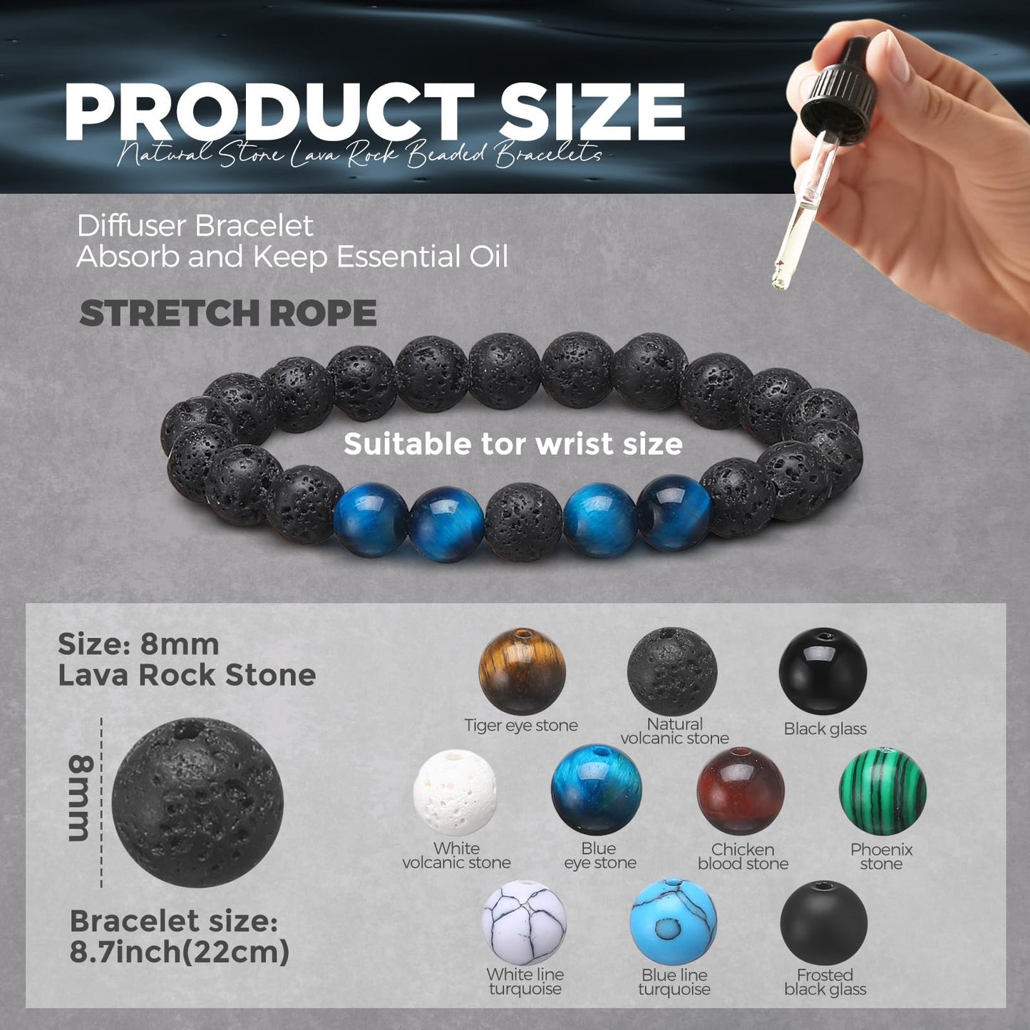 Landical 24 Pcs 8 mm Natural Stone Beads Bracelet Set Tiger Eye Men Stretch Lava Adjustable Onyx Matte Beads Essential Oil Diffuser Bracelet for Men Women Jewelry Gifts