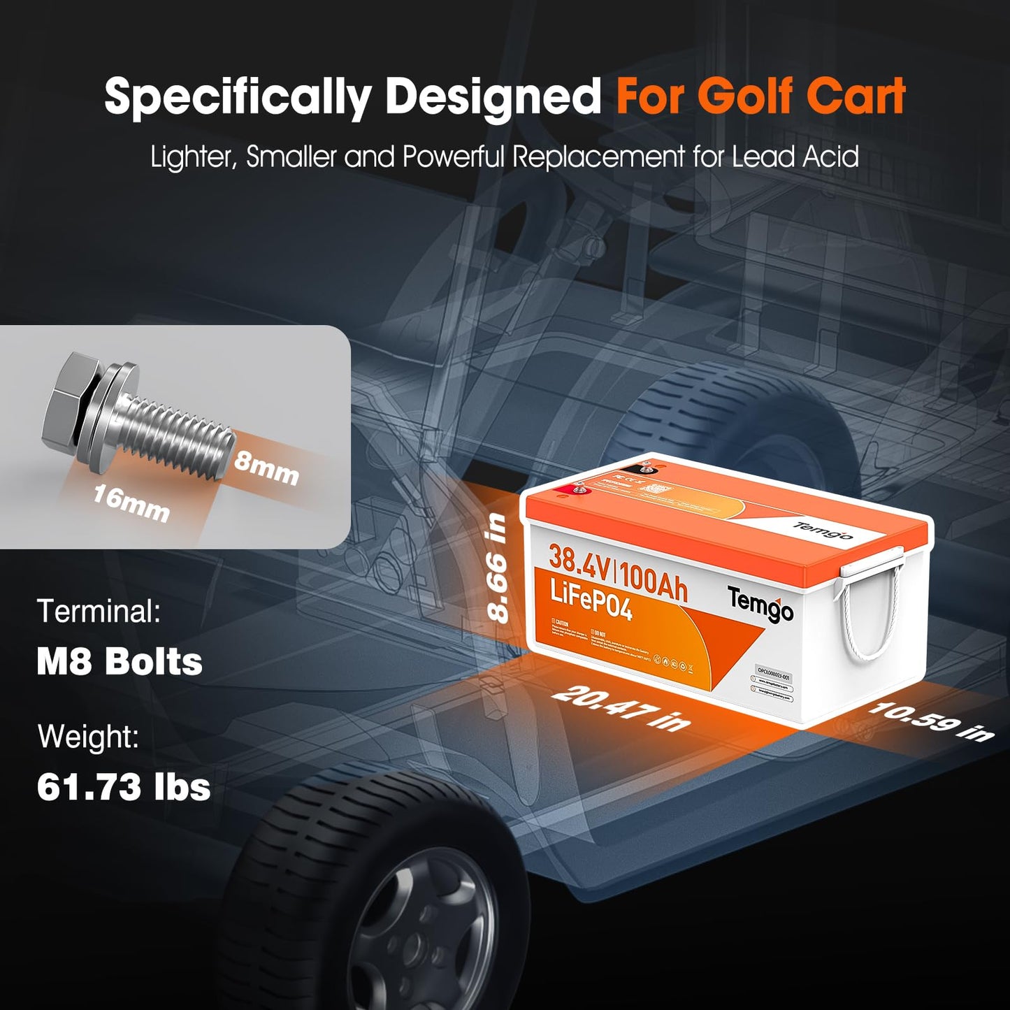 36V (38.4V) 100Ah LiFePO4 Lithium Golf Cart Battery, Built-in 200A BMS, Complete Upgrade Kit with Charger, LCD Display, Voltage Converter, Retention Strap & App, 5000+ Cycles