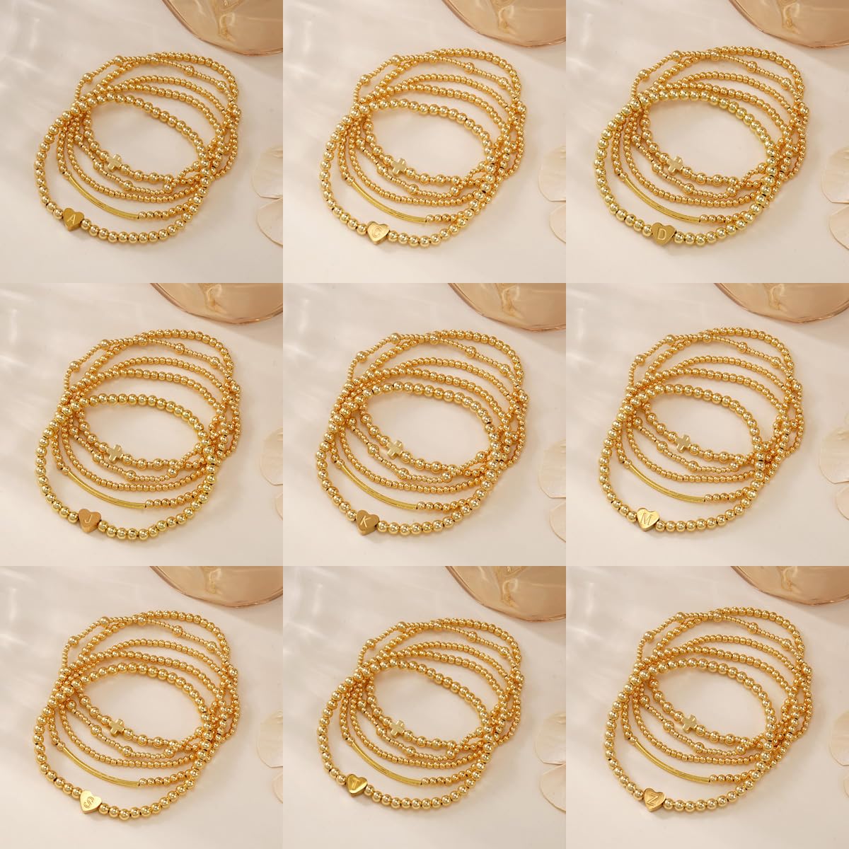 14K Gold Cross Beaded Initial Bracelet Stack for Women,Dainty Stretch Gold Plated Letter “D” Stackable Bracelets Bohemian Layered Prom Party Accessories Jewelry Gift Friendship