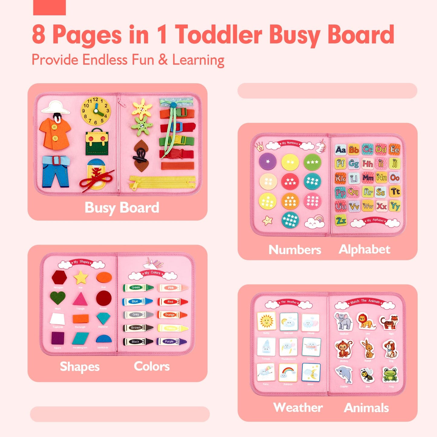 hahaland Toddler Busy Board Montessori Toys for 3 Year Old Girl Gifts, Educational Learning Toys with Life Skills, Alphabet, Number, Shape, Color, Car Ride Airplane Travel Toy Toddlers Girls Busy Book