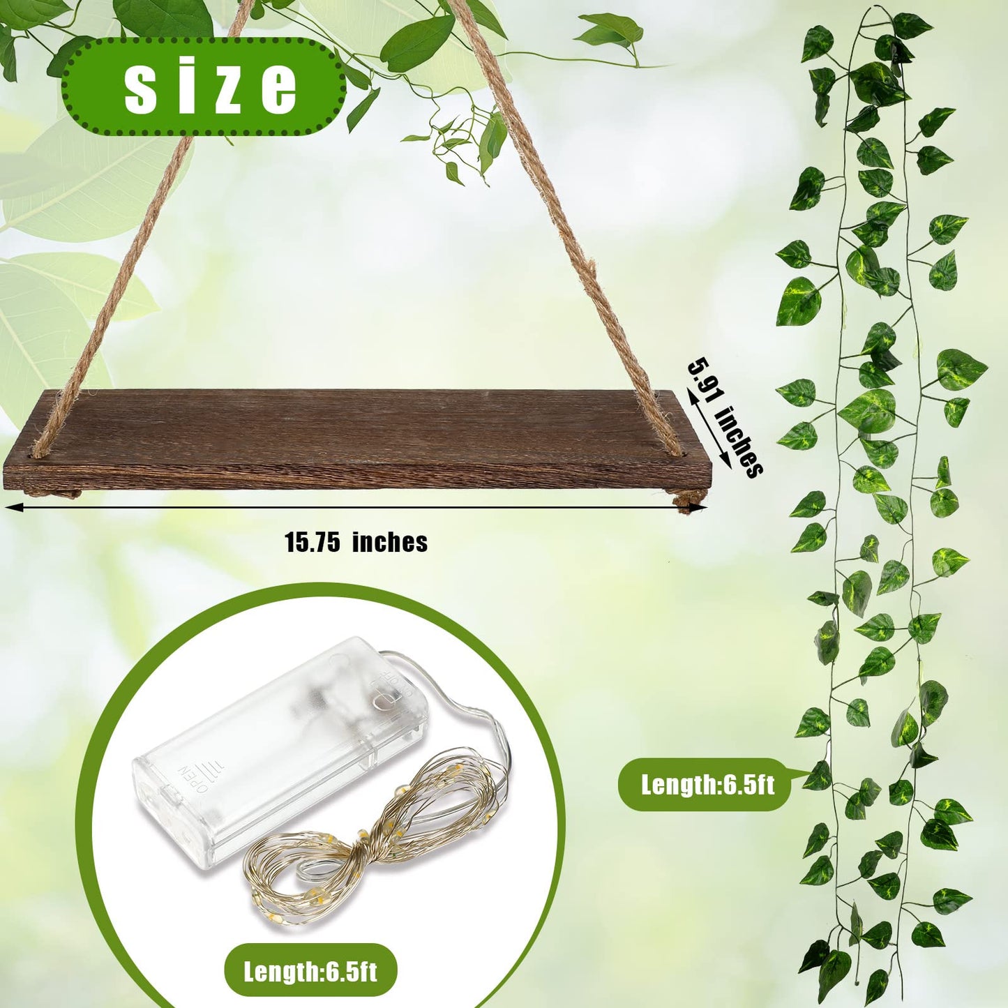 Amyhill 3 Set Artificial Ivy LED Floating Plant Shelves Wood Hanging Dorm Wall Decor Leaves and Light Strip Hanging Shelves for Bedroom Living Room Nature Wall Decoration