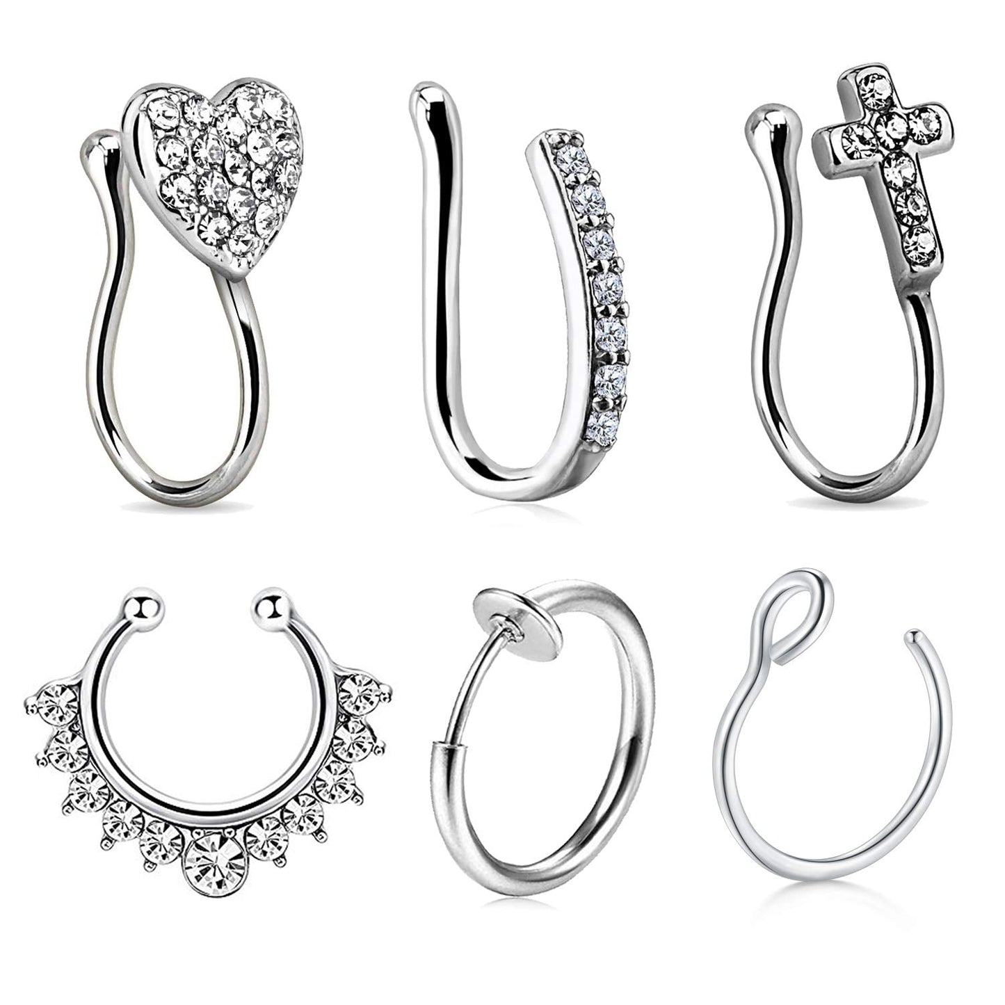 JFORYOU 6Pcs Nose Rings Fake 16G Stainless Steel Inlaid CZ Faux Piercing Jewelry Spring No Pierced Septum Clip on Circle Hoop For Women Men