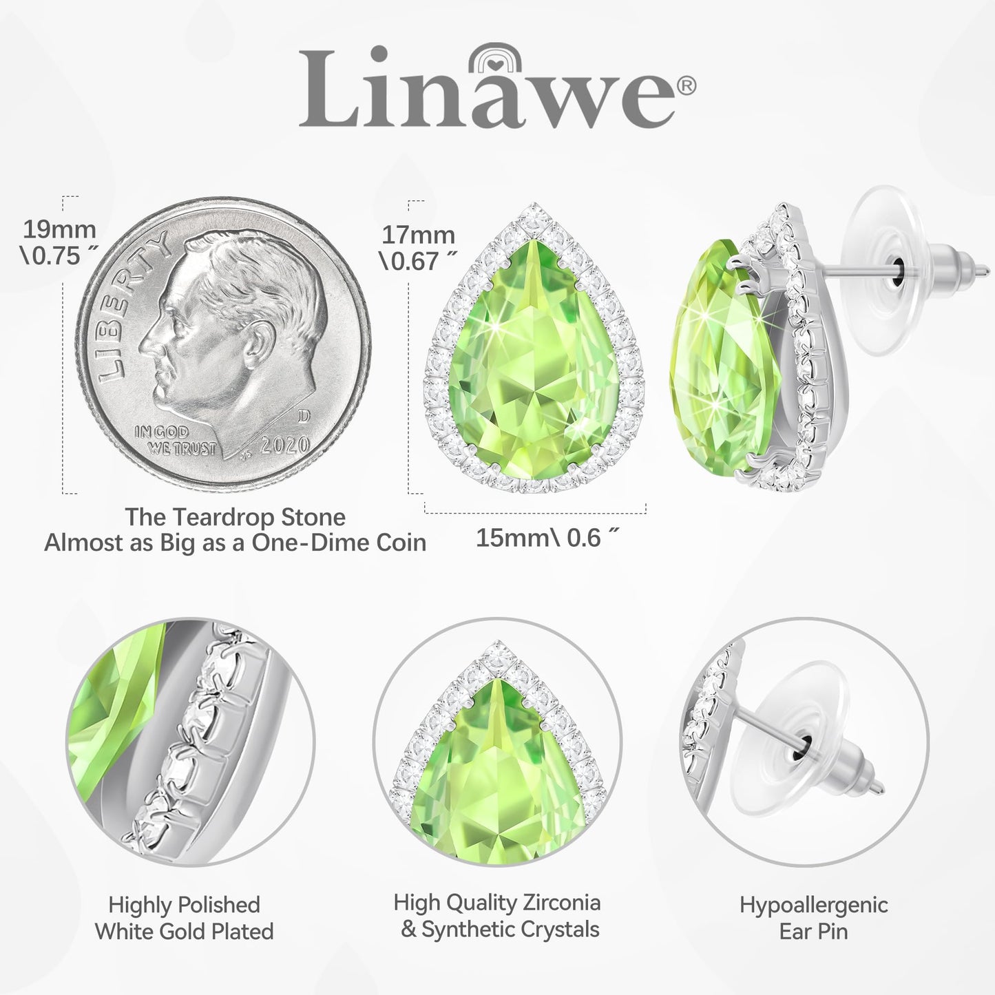Linawe Silver Green Imitation Diamond Morganite Titanium Stud Earrings for Women, Cubic Zirconia Rhinestone Crystal Iridescent Teardrop Earrings Studs, Wedding Bridal Bridesmaid Earrings