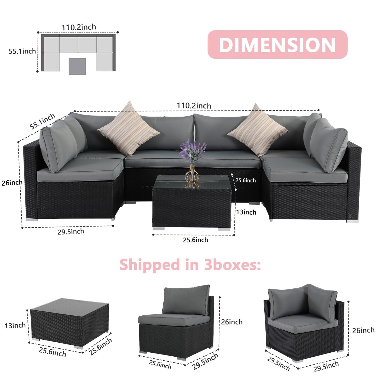 ZJEYEJZ 7 Pieces Patio Furniture Set - All-Weather Outdoor Wicker Sectional Conversation Sofa, Rattan Patio Seating Sofa Set with Cushion and Glass Table for Porch Poolside, Black/Grey