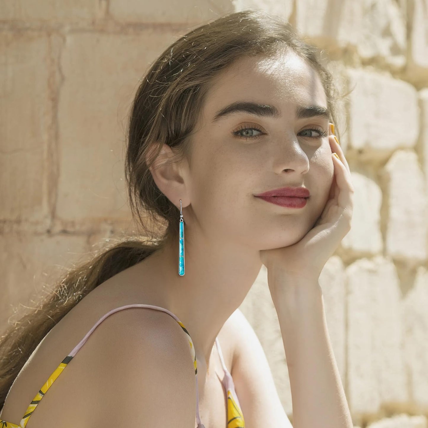 Phyonio Turquoise Earrings for Women 925 Sterling Silver Gemstones Dangle Earrings Bohemian Style Statement Bar Earrings Dangle Earrings for Women Earrings Valentines Gifts