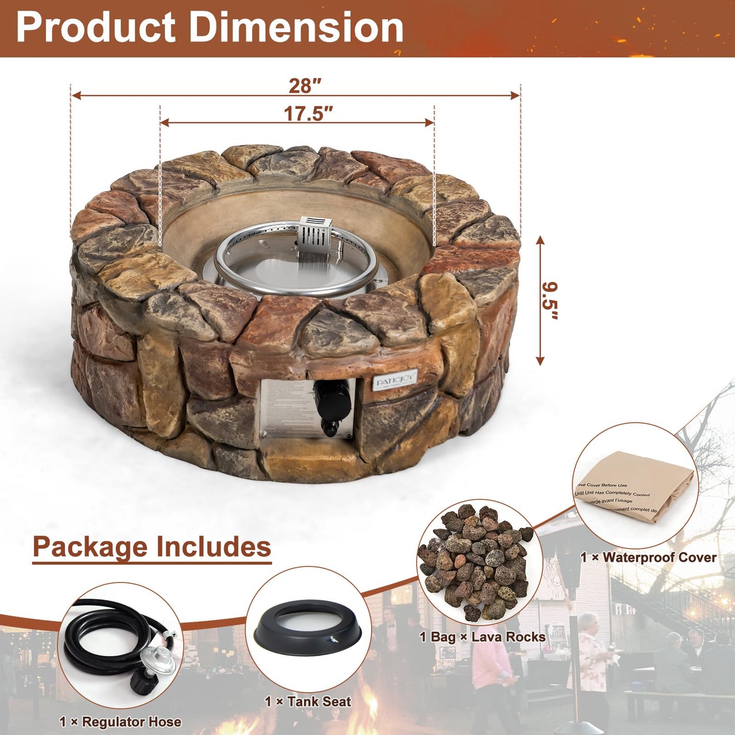 DORTALA Round Propane Outdoor Fire Pit, 28 Inch 40,000 BTU Stone Propane Fire Pit w/Lava Rocks, PVC Cover, ETL Certified, Smokeless Gas Fire Pits for Outside Patio Garden Camping Backyard (Brown)