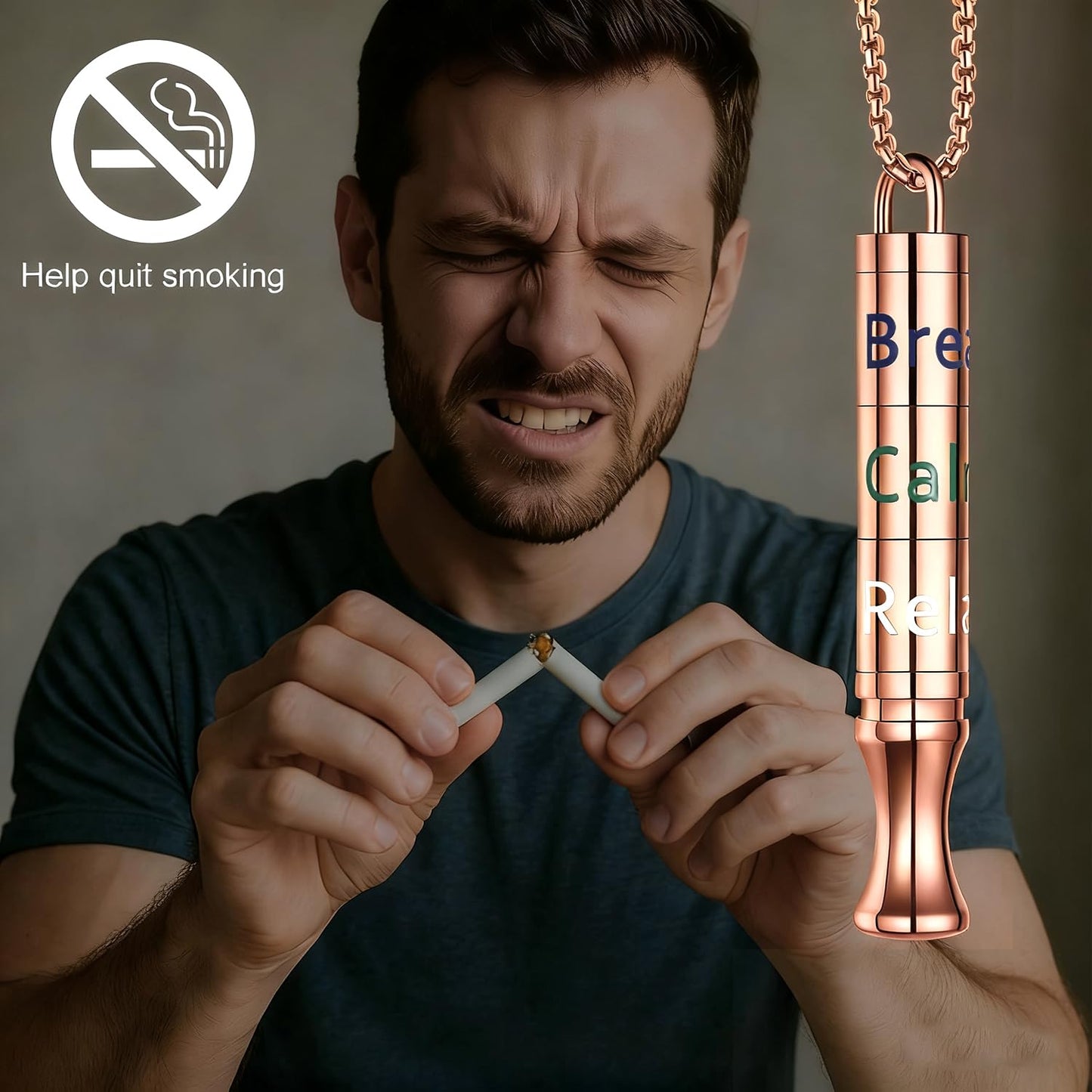 Fidget Necklace with Spinning Calm, Breathe, Relax Charms - Sensory Anxiety Relief & Deep Breathing Aid Stainless Steel Necklaces for Women Men (Rose Gold)