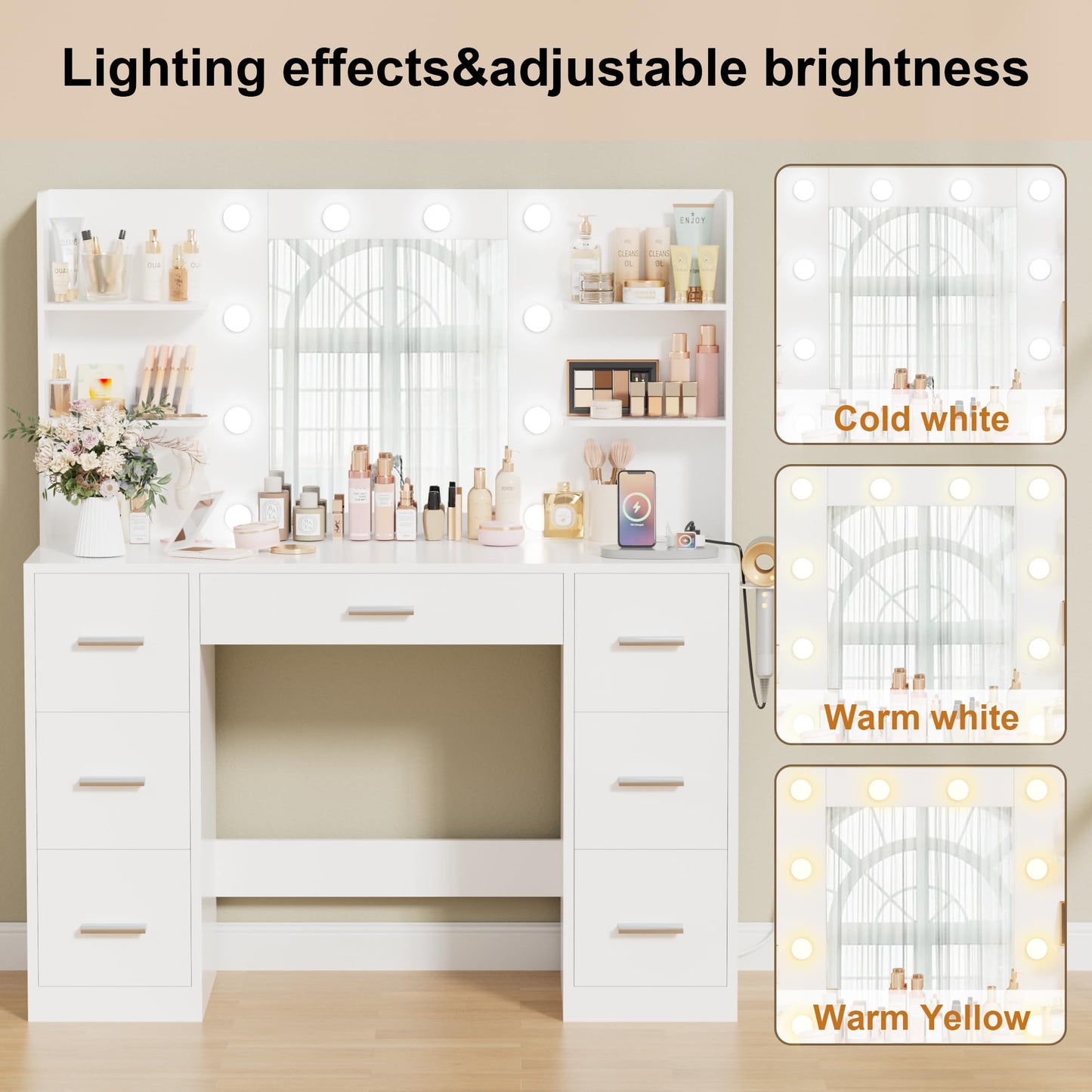 Acurax Makeup Vanity Desk with Mirror and 10 Lights, Table with 7 Drawers and 4 Open Shelves, 3 Color Modes and Adjustable Brightness, Charging Station for Bedroom, Bright White