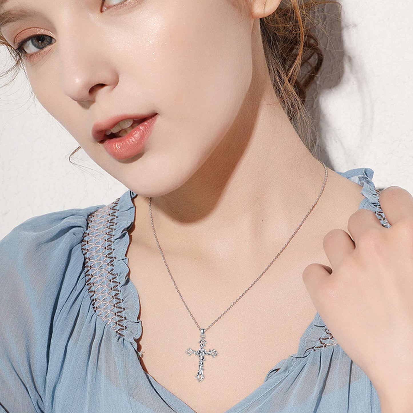 Cross necklace 925 Sterling Silver Rose Crose Pendant Necklace Cross Necklace for Women (A-Rose Cross Necklace) (Rose Cross Neckalce 1)