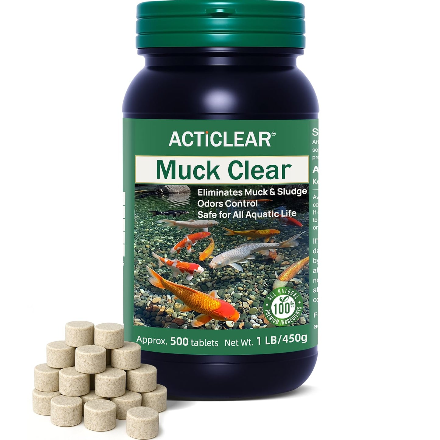 ActiClear Muck Clear â Natural Pond Sludge Treatment, 500 Tablets for Ponds, Fountains & Bird Baths, Beneficial Bacteria & Enzymes, Chemical-Free & Safe for Fish, Pets & Wildlife