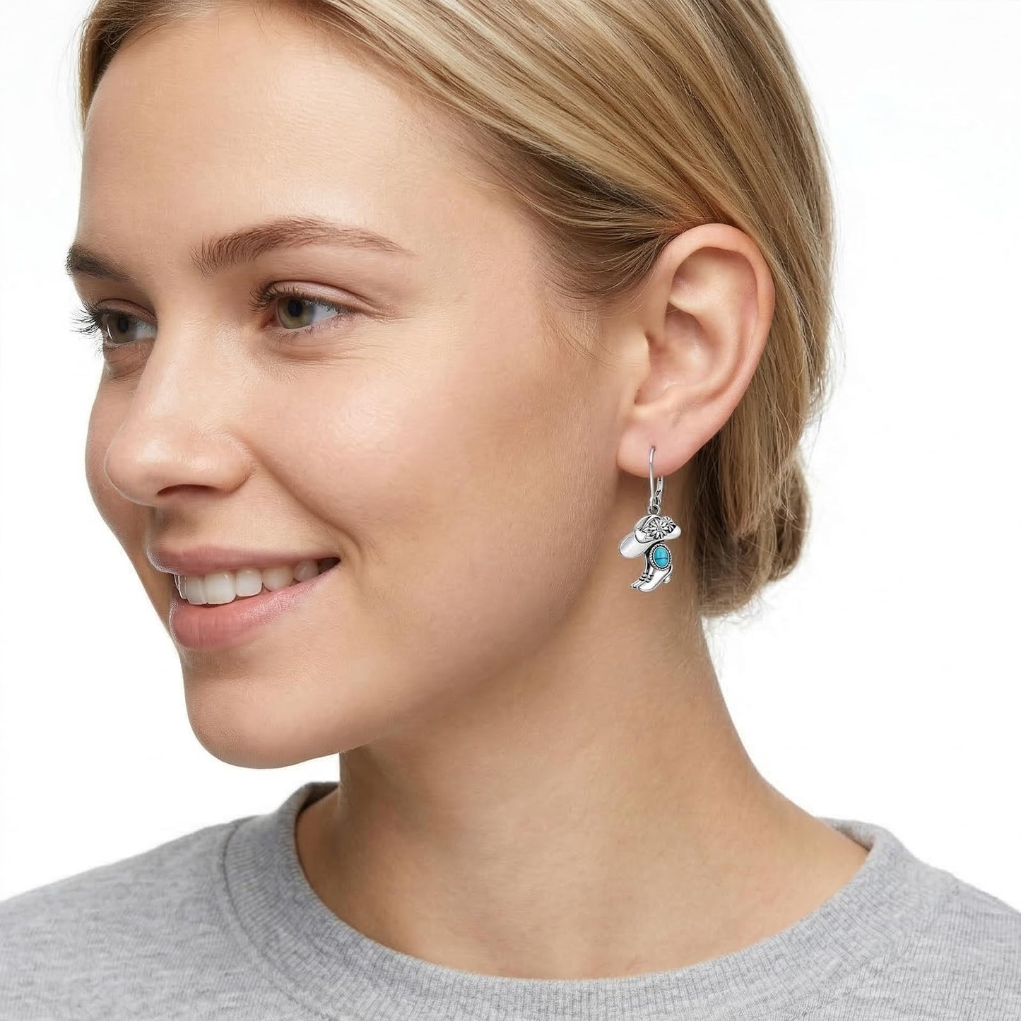 YYmqmq Turquoise Cowboy Boot Earrings 925 Sterling Silver Western Jewelry Cowgirl Hat Dangle Earrings Laverback Country Style Cowgirl Gifts for Women Girlfriend Her