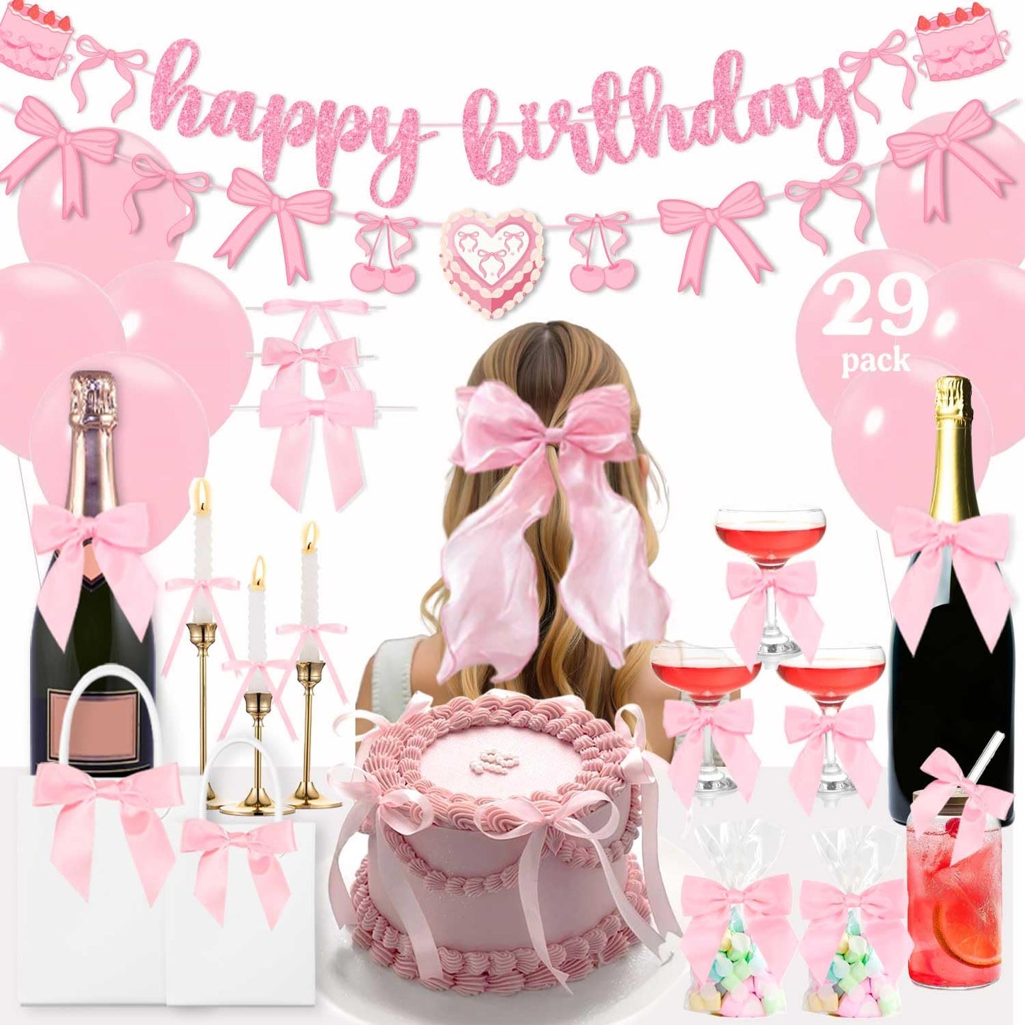 Pink Bow Decor Coquette Party Decorations, Pink Bow Cake Topper, Champagne Glasses, Candles, Balloons, Bow Birthday Party Decorations, Decoracion Moños Cumpleaños Happy Birthday Bow Themed Banner