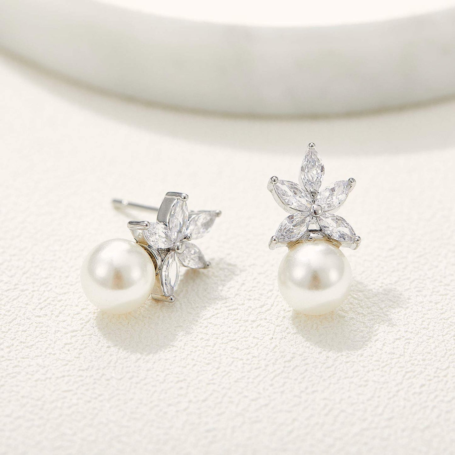 SWEETV Cluster Pearl Wedding Earrings for Birdes Bridesmaid, Crystal CZ Pearl Stud Earrings for Women Prom Formal Dress, Ivory