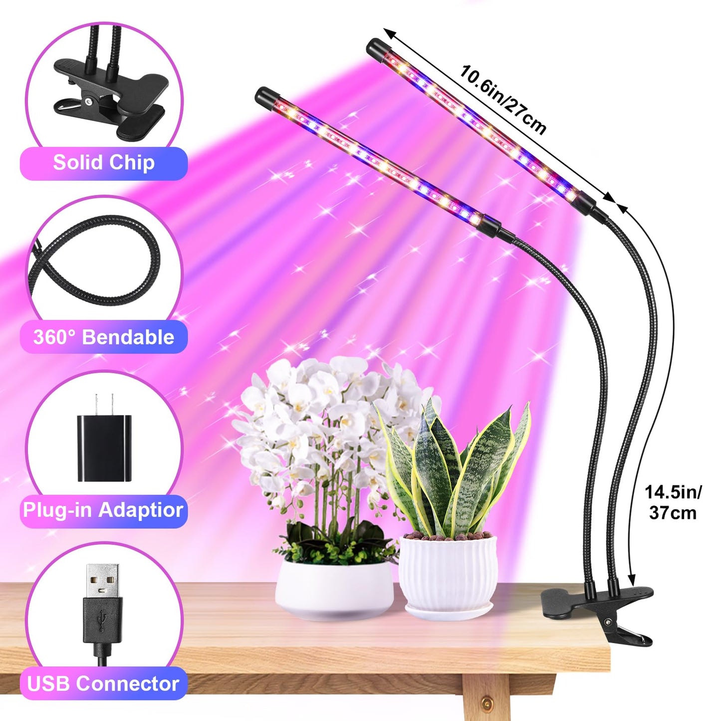 Black 2-Tube Clip-On Grow Light with Red/Blue/Yellow LEDs, Full Spectrum, 6/12/16H Timer, 3 Modes & 10 Dimmable Levels, for Indoor Plants (8W) (1 Pack)