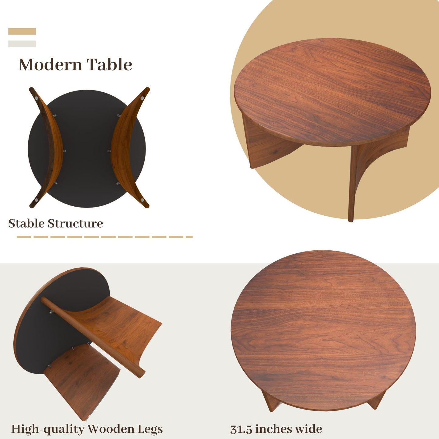 31.5" Mid Century Modern Coffee Table for Living Room, Round Table with Rubber Legs, Small Unique Cocktail Tea Table for Living Room Bedroom Apartment Small Space, Walnut