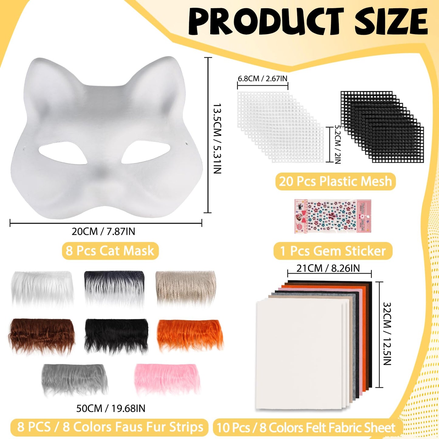 Giftota 47 Pcs DIY Therian Mask Kit for Boys Girls - 8 Blank Cat Mask with Super Soft Felt Fabric Sheet, Plush Faux Fur, Eye Mesh, Gem Sticker - DIY Fox Masks for Christmas Masquerade Cosplay Party