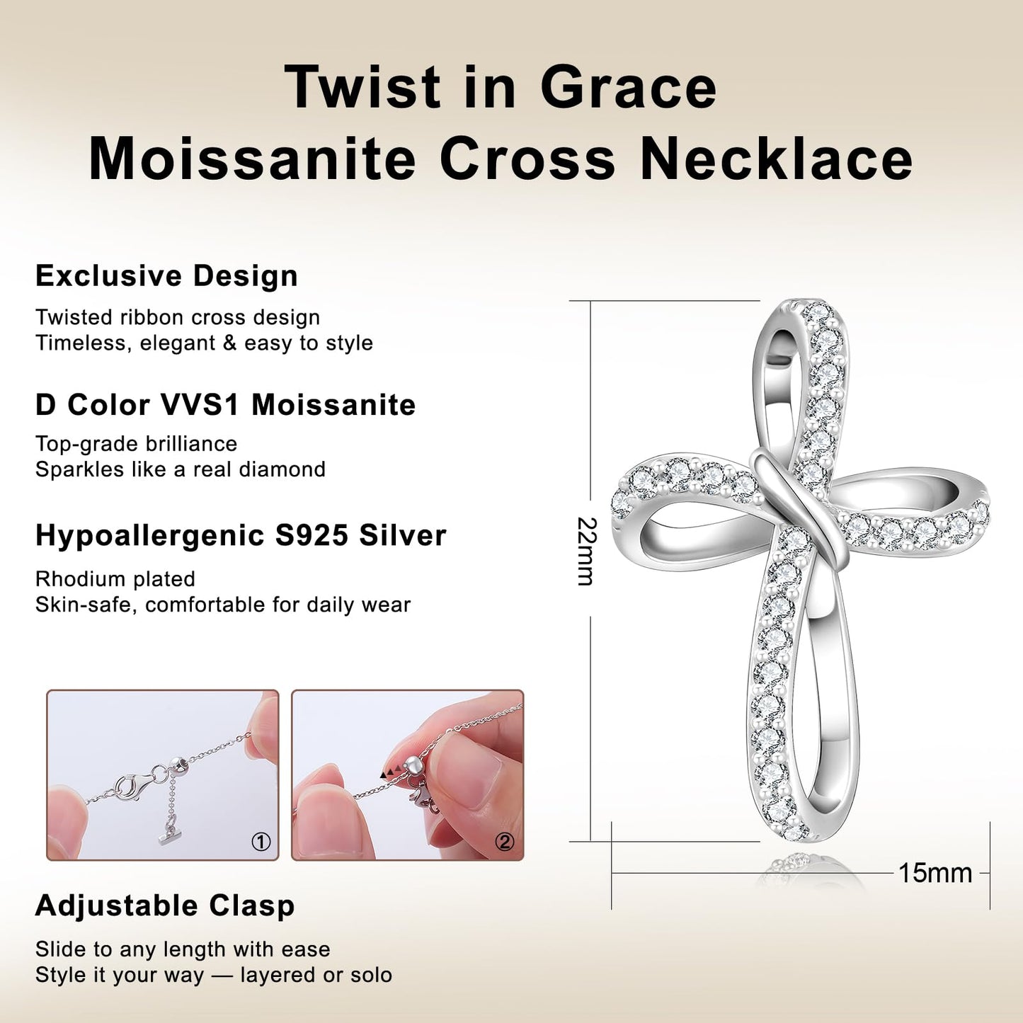 KRKC&CO Moissanite Cross Necklace for Women: D Color VVS1 0,18ct, 925 Vermeil Sterling Silver, Hypoallergenic Petite Pendant, Luxury Gifts for Birthday Anniversary Wedding, Gift Box with Handles