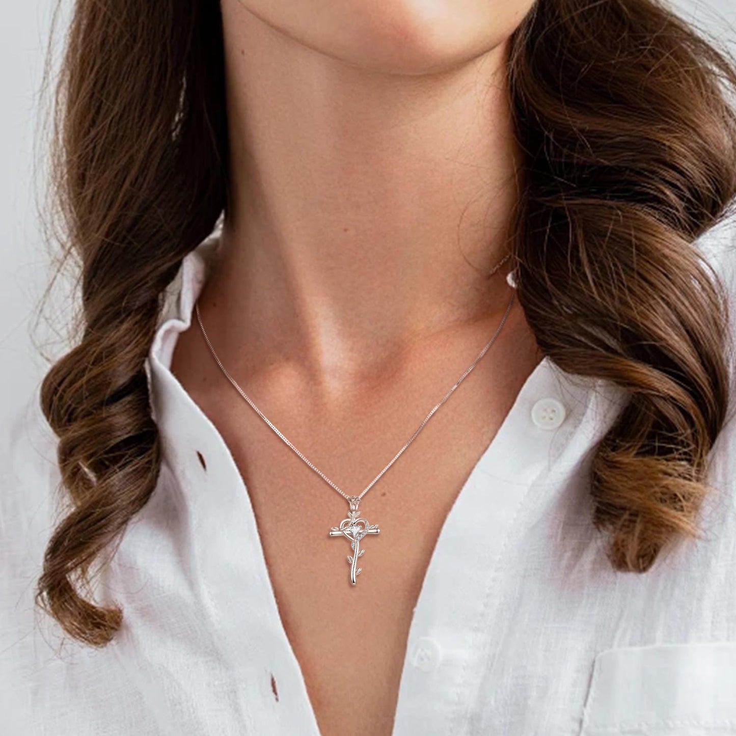 STARCHENIE Rose Cross Necklace 925 Sterling Silver Heart Crucifix Pendant Cubic Zirconia Jewelry for Women