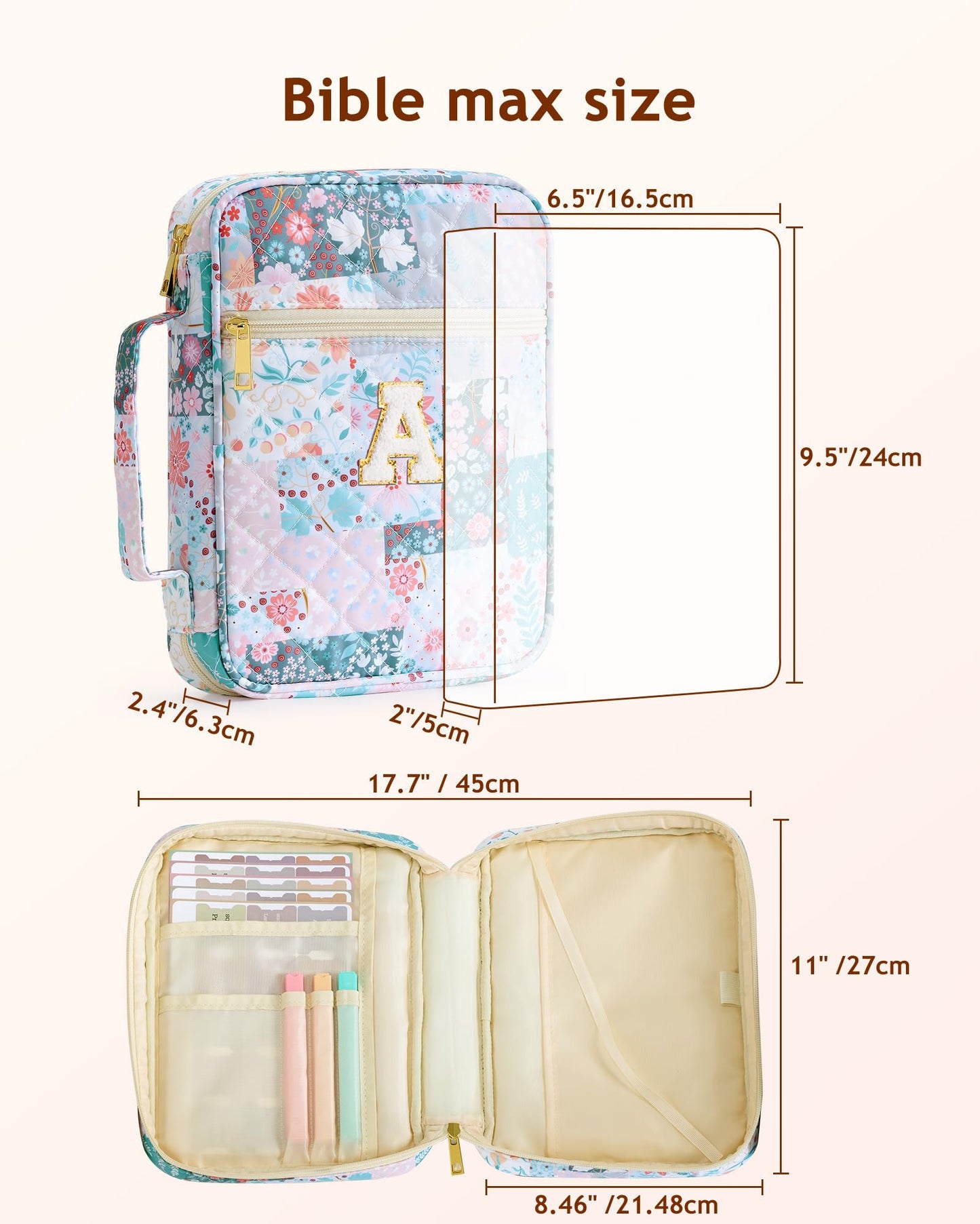 Oterri Bible Cover Case For Women, Large Bible Cover With Bible Study Supplies Accessories, Quilted Soft Bible Tote Bags Church,Classroom,Campus,Neighborhood Association (Flower Quilt-A, Large)