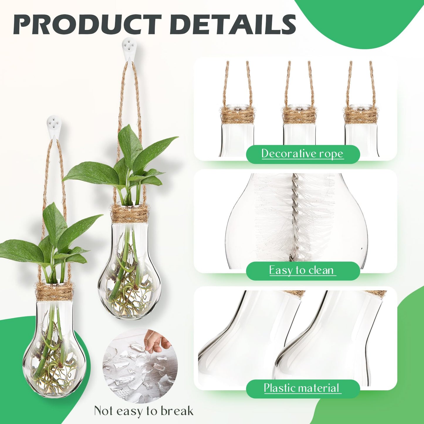 Baderke 24 Pack Hanging Propagation Station 3.9 Inch Plastic Plant Vases with Hooks & Cleaning Brush Clear Window Jars for Plant Clippings, Home Office Decor, Gardening Gifts for Women