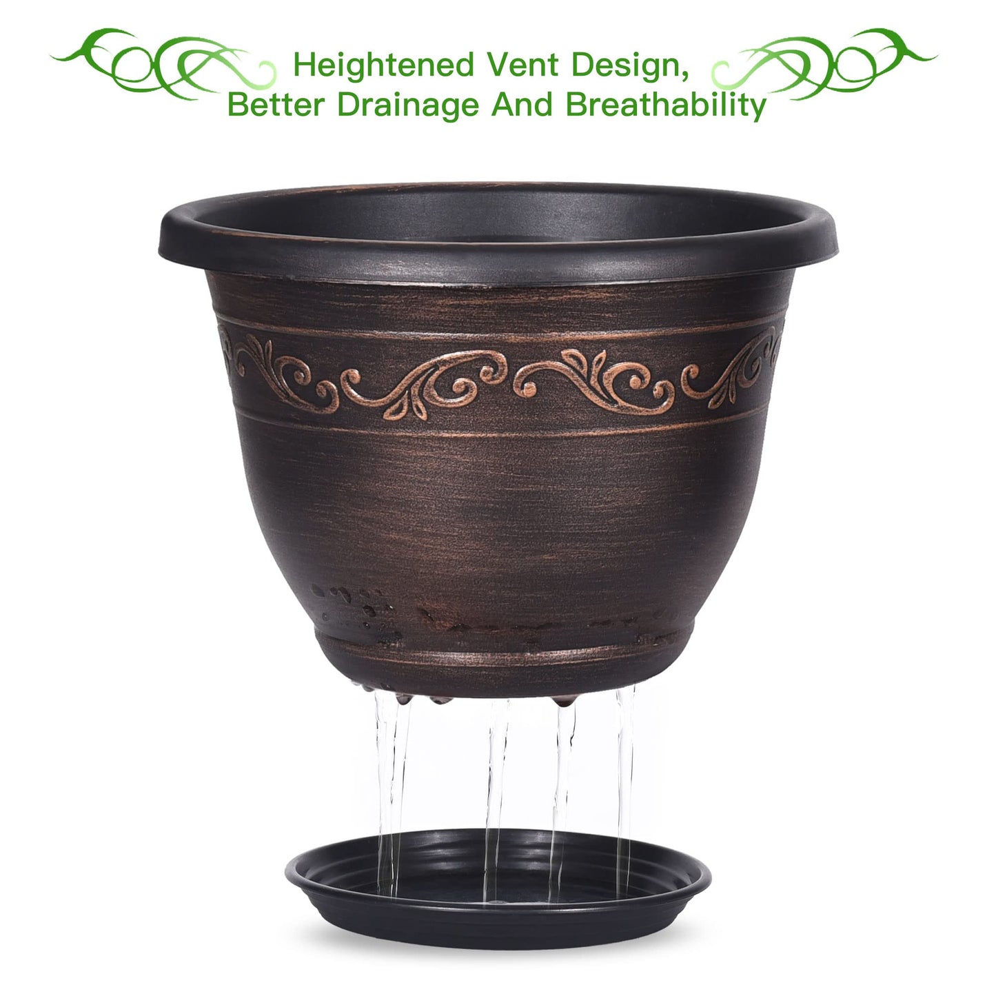 Plastic-Plant-Flower-Planters-12 Inch with Drainage Hole & Saucer, 3 Packs Lightweight Small Resin Flower Pot Indoor Outdoor, Retro Antique Imitation Decorative Garden Containers Sets for Houseplants