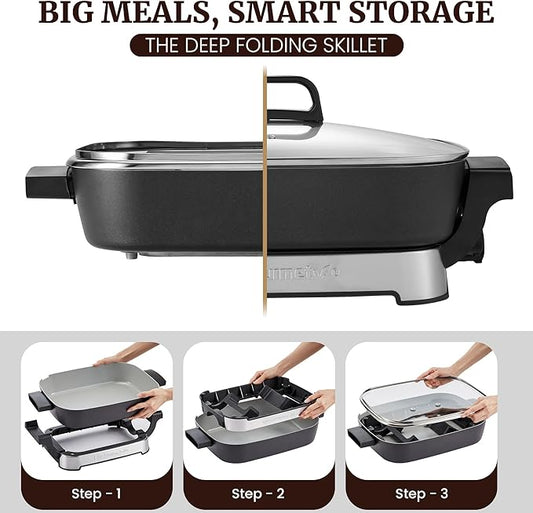 Elite Gourmet 15" x 12" x 3" Stow-Away Foldable Electric Skillet, Ceralast™ PFAS Free Ceramic, 1500W Rapid Heat, Dishwasher Safe Pan & Lid, Black/Grey