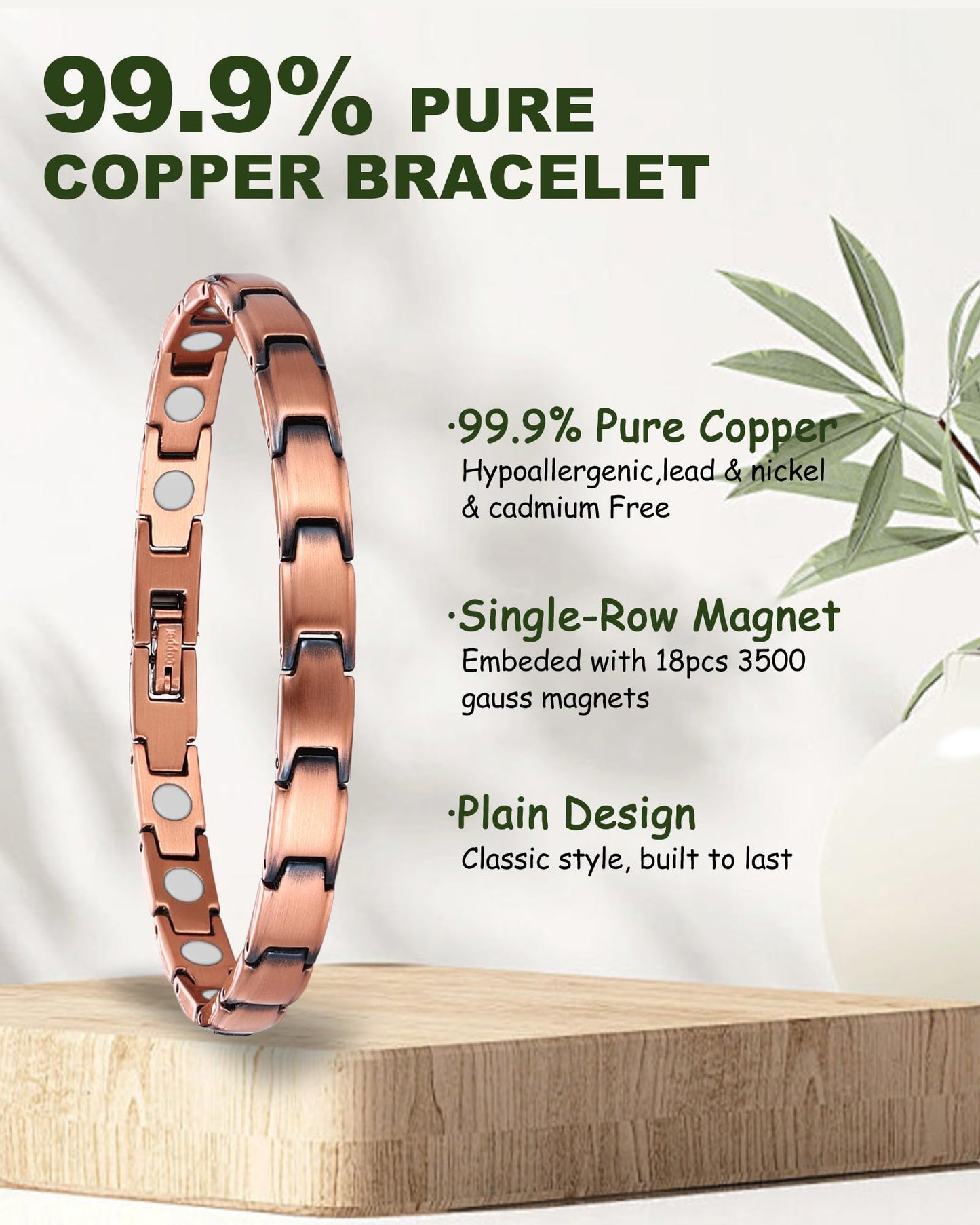 MagEnergy Copper Bracelet for Women, 99.9% Pure Copper Magnetic Bracelet, Adjustable Bracelet Jewelry Gifts (Plain Style)