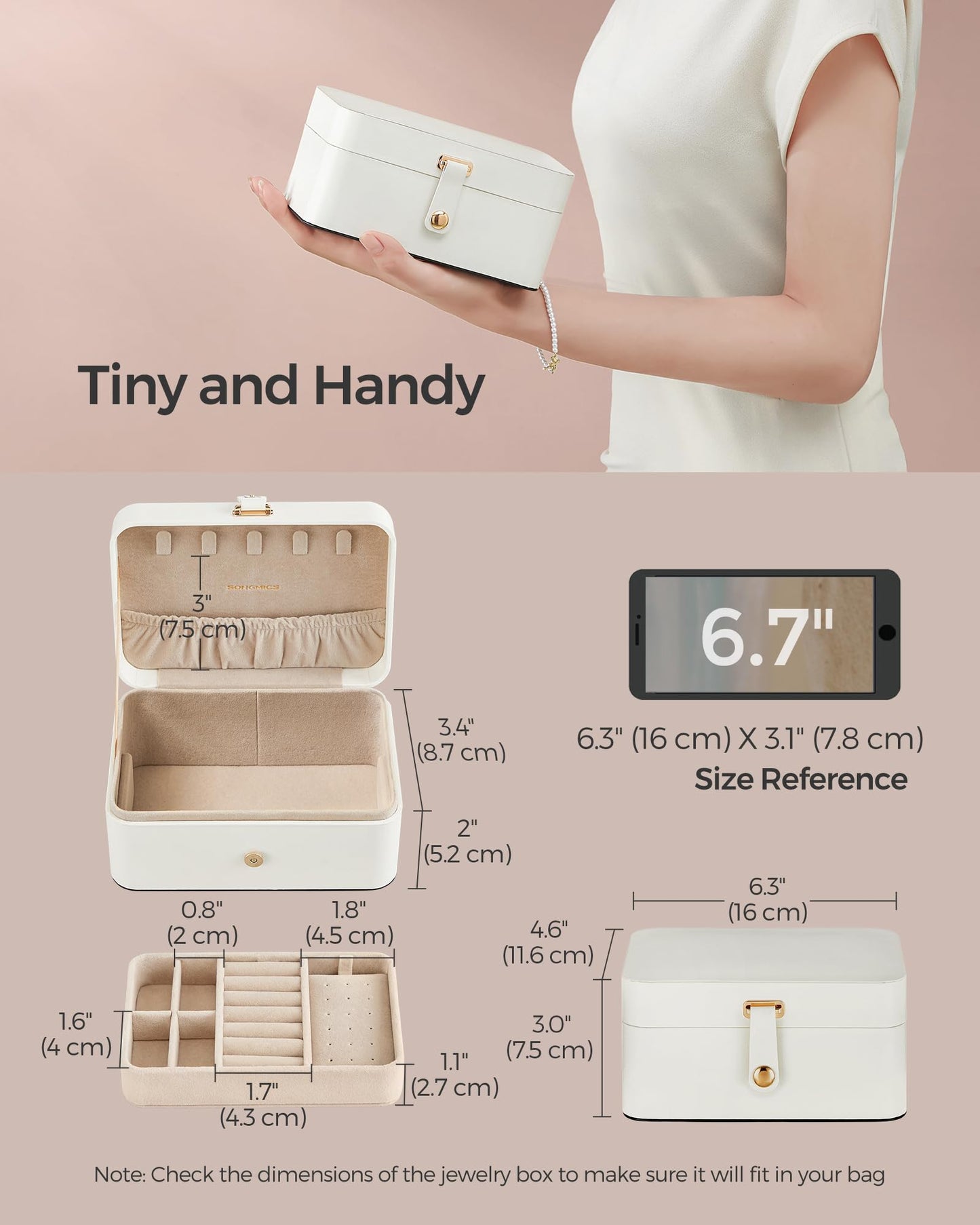 SONGMICS Jewelry Organizer Box, Travel Jewelry Case, 2-Layer Travel Case for Earrings, Necklaces, Bracelets - Portable Jewelry Storage with Large Capacity, Gift Idea, Cloud White UJBC166W01