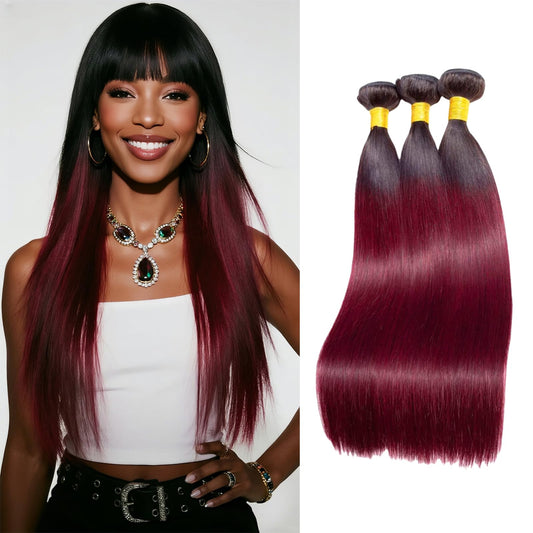 LUMWAV T1B/99J Straight Human Hair Bundles 10 12 14 Inch 3 Bundles Brazilian Virgin Remy Hair Extensions Ombre Burgundy Red Double Weft Weave for Black Women