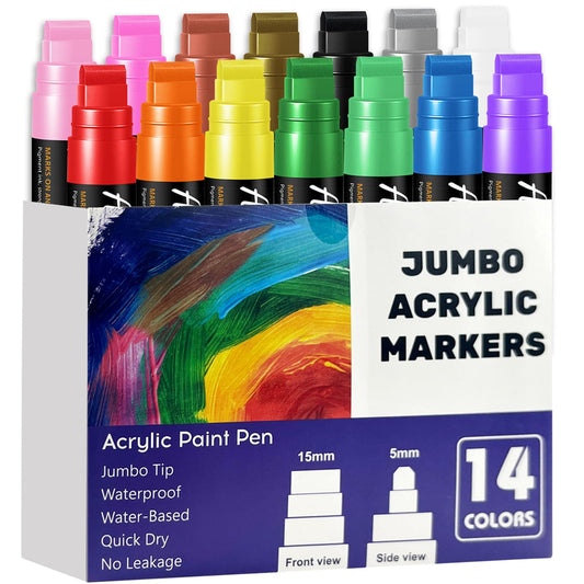 14 Colors Jumbo Markers, Jumbo Acrylic Paint Markers 15mm Wide Felt Tip Permanent Ink Pens for Poster, Rock Painting,Fabric,Glass, Wood, Stone, Ceramic & DIY Crafts, Vibrant Art Pens for Most Surfaces