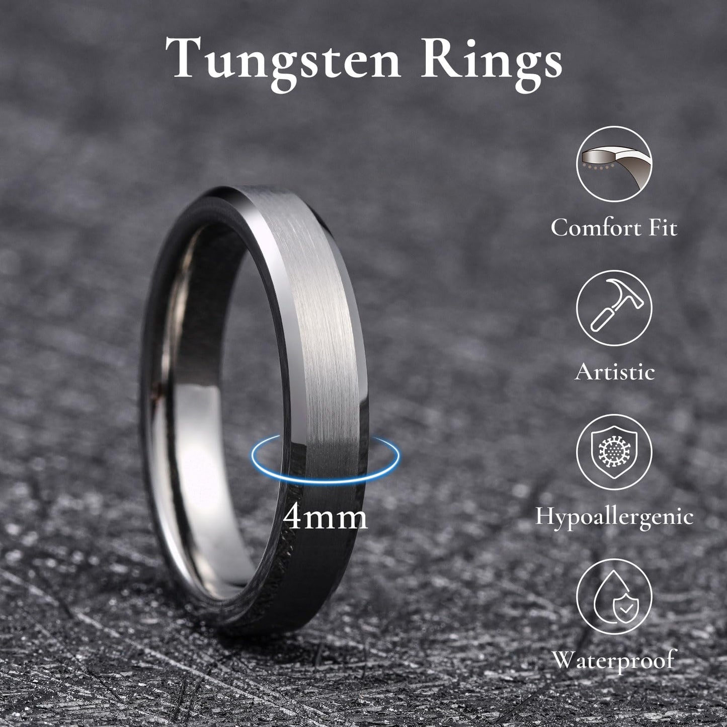 King Will Gunmetal Basic Tungsten Rings For Men 4mm Wedding Band Polished Edge Brushed Matte Promise Ring Comfort Fit, Size 12