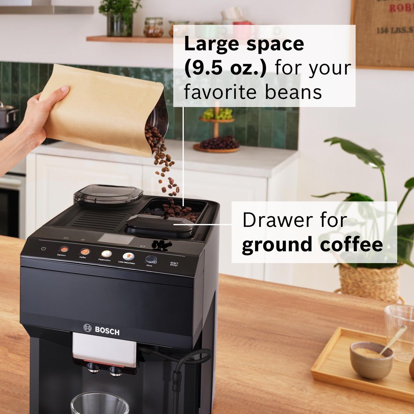 Bosch Fully Automatic Coffee and Espresso Machine - 9 Drinks, Barista Quality, Double Cup Super Coffee Maker - Programmable Machine, Large Bean Capacity - Easy Clean, Maintenance - Black - TPU40109