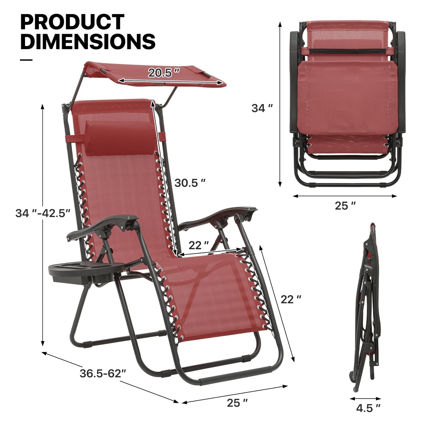 MoNiBloom Patio Zero Gravity Chair Outdoor Recliner Lounger with Canopy Shade and Foot Rest, Cup Holder, 330lbs Capacity, Maroon